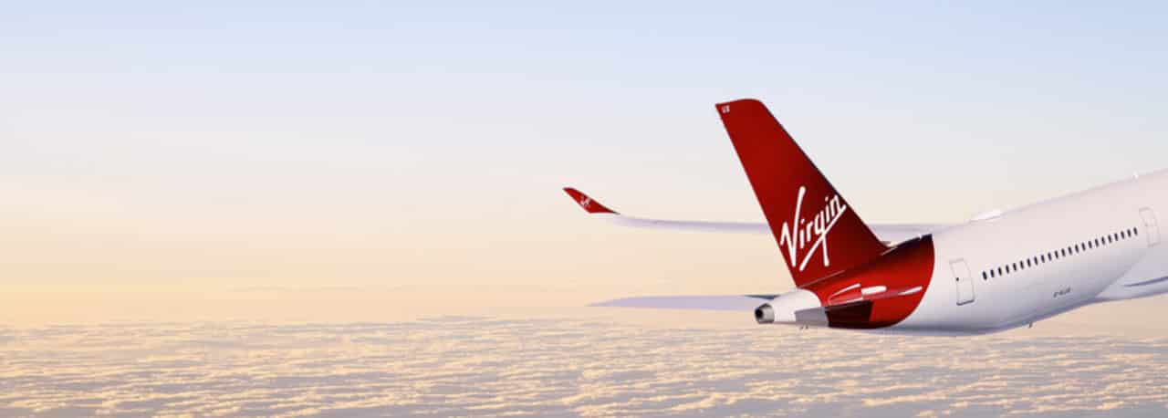 Tailfin of a Virgin Atlantic plan ein the sky