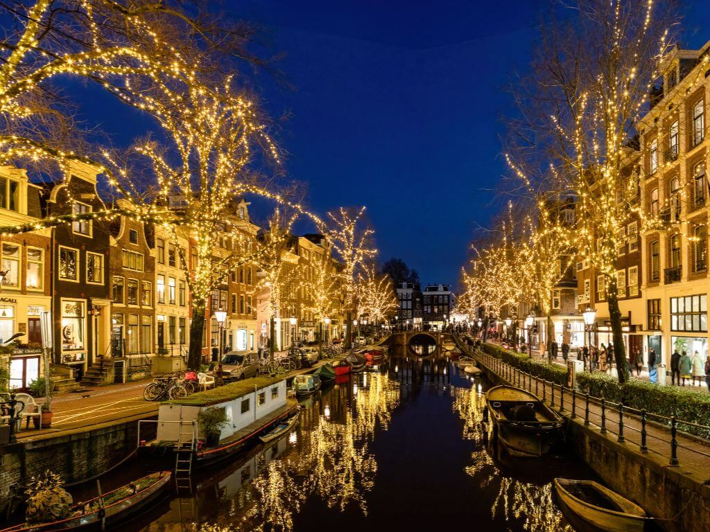 Christmas lights along the canal in Amsterdam