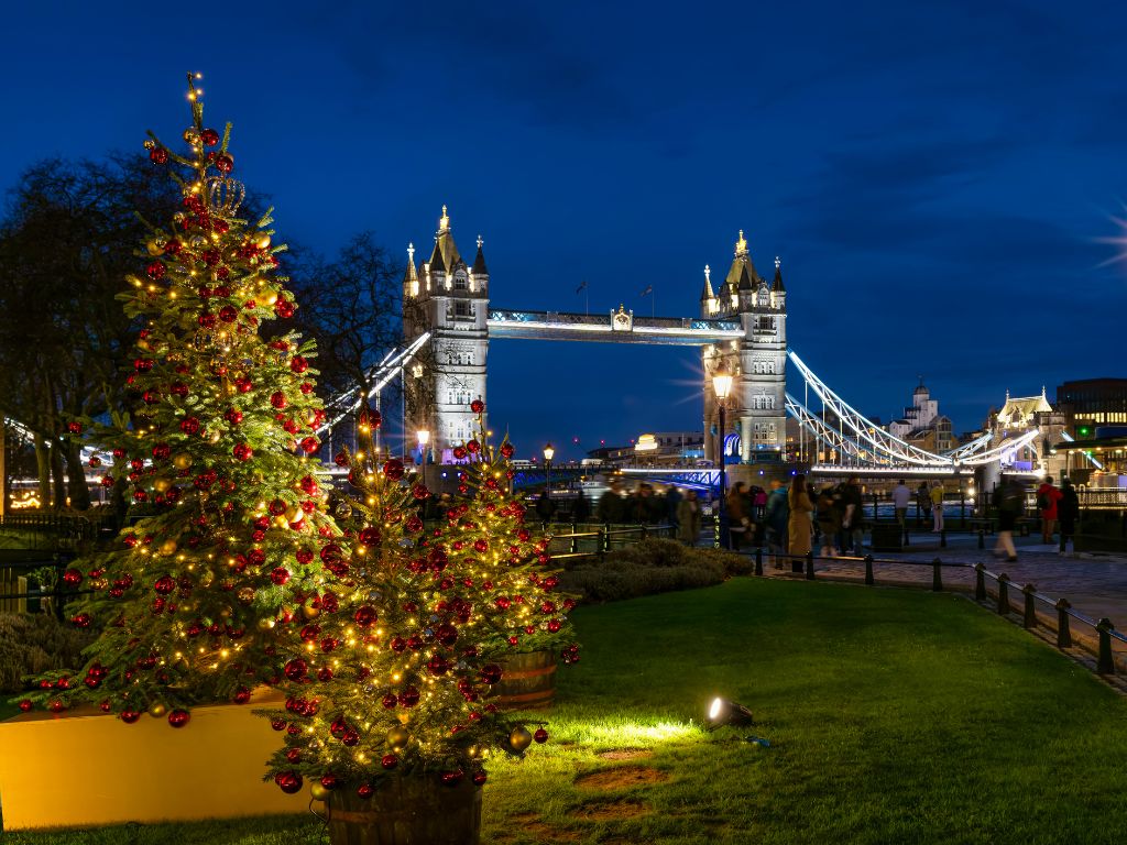 Tower Bridge with a christmas tree next to it
