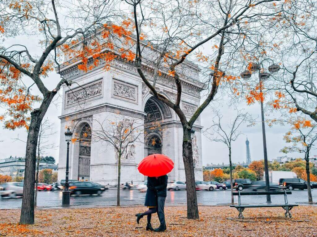 Couple under an umbrella in Paris
