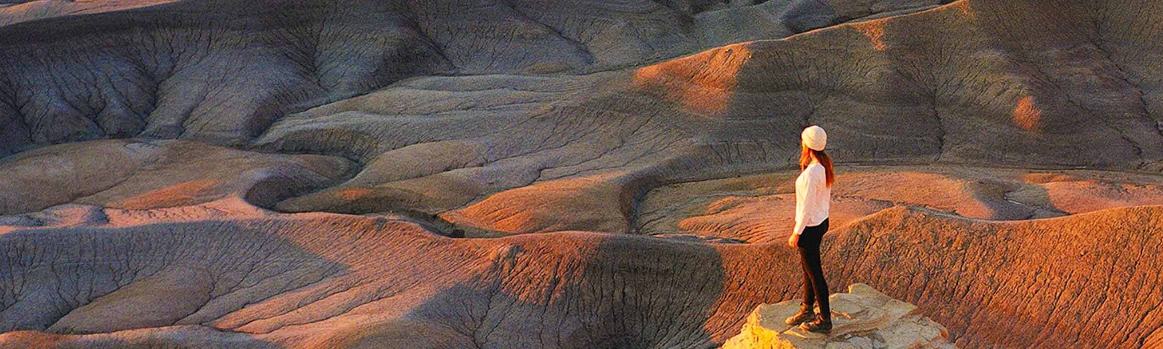 A woman stands on a rock in the centre of a red rock canyon