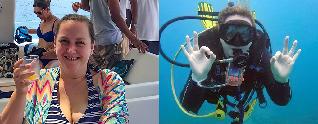 Virgin Atlantic country manager Hannah Swift raises a glass in one photo, and is seen scuba diving in another