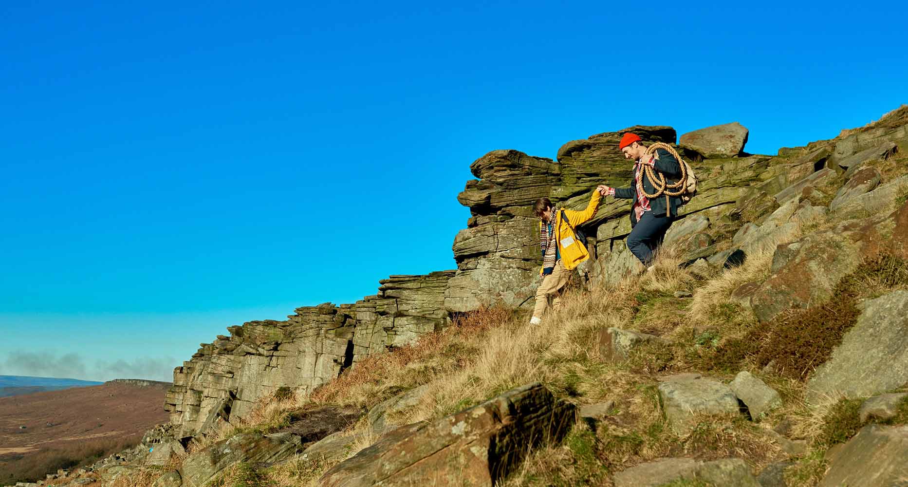 Two people hike in Derbyshire