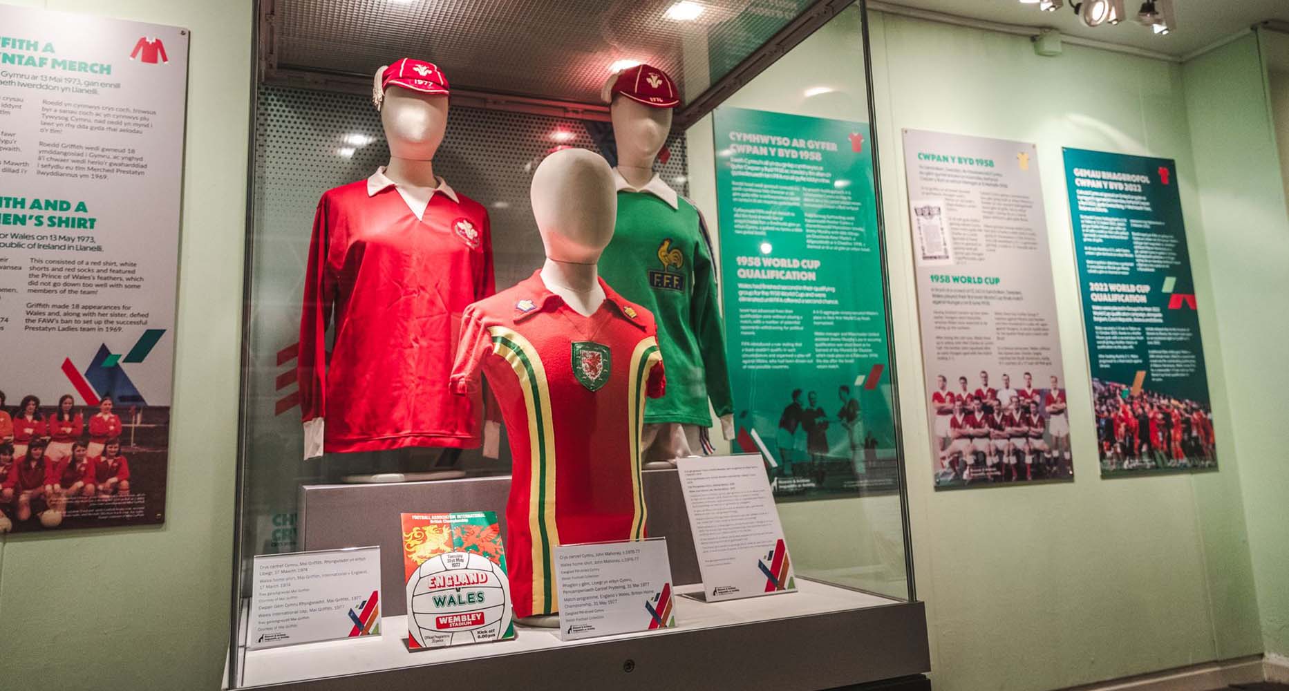 A view of a display cabinet holding Wrexham memorabilia