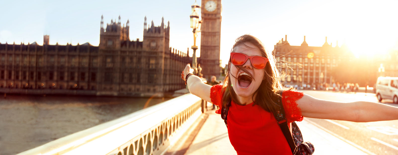 Lady in red sunglasses on Westminster bridge