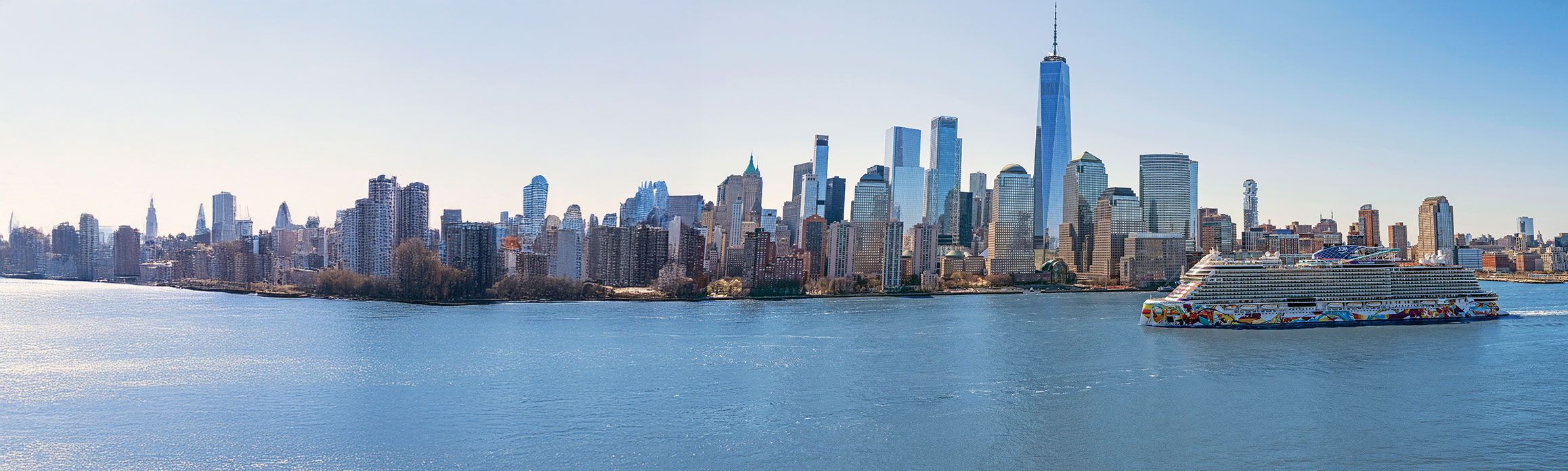 Norwegian ship with New York in the backdrop